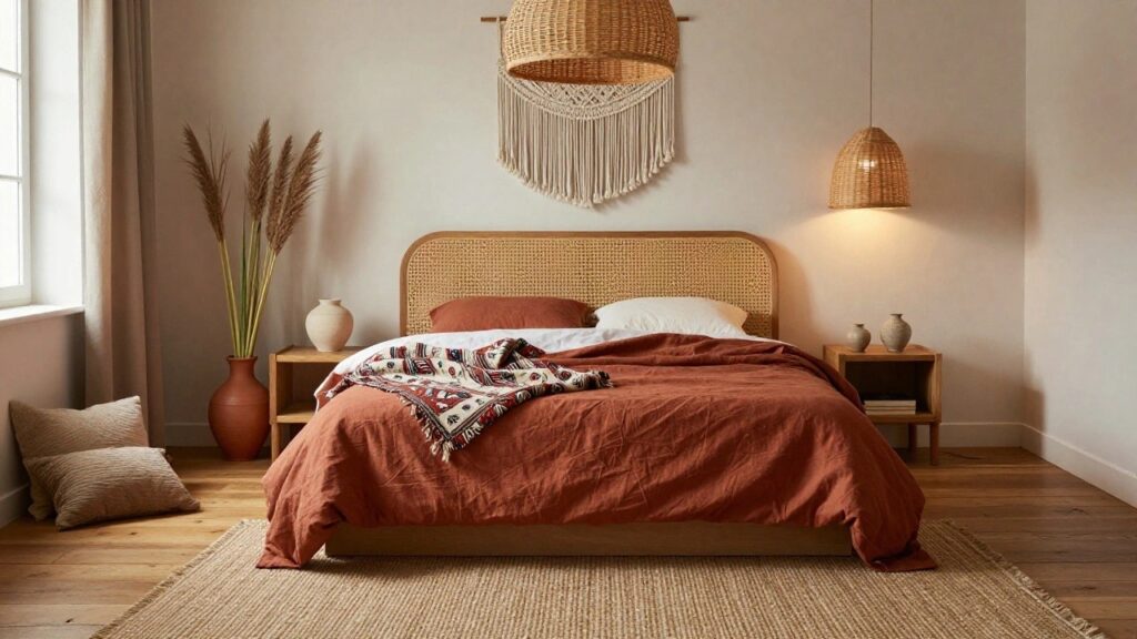 Bedroom interior with rattan bed frame, terracotta duvet and pillows, patterned bed runner, wood nightstands with ceramic lamps, pampas grass, macrame wall hanging, and beige rug on wood floor.