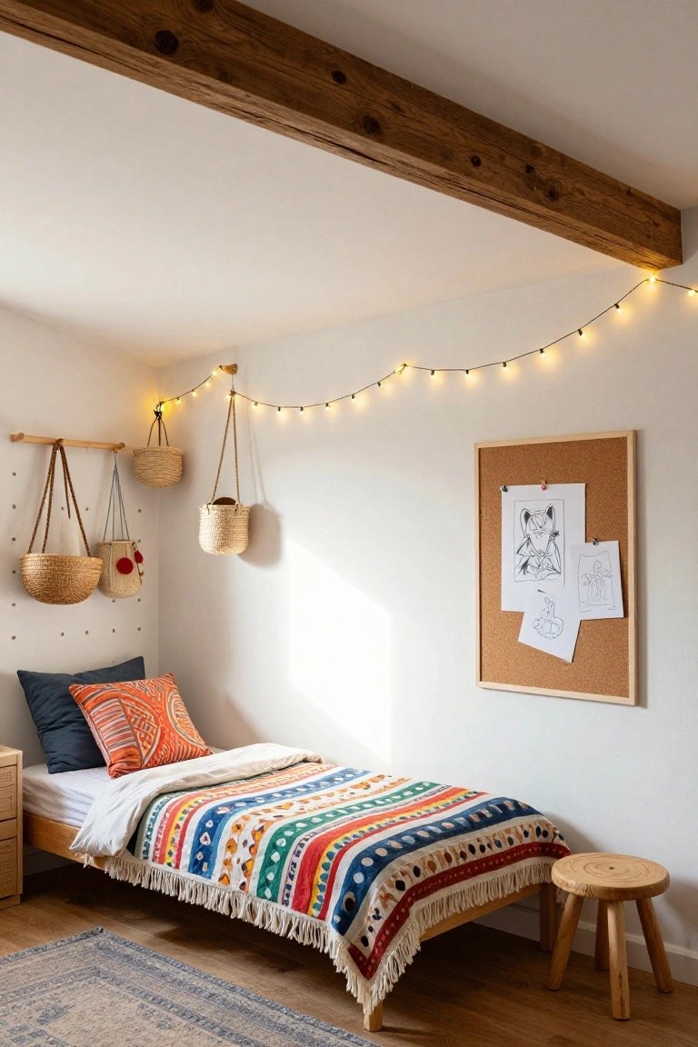 A cozy bedroom corner with a low wooden bed draped in colorful patterned bedding and blankets, a corkboard displaying children's drawings, several woven baskets hanging from wall pegs, string lights along the wall, wooden furniture, and a small stool nearby.
