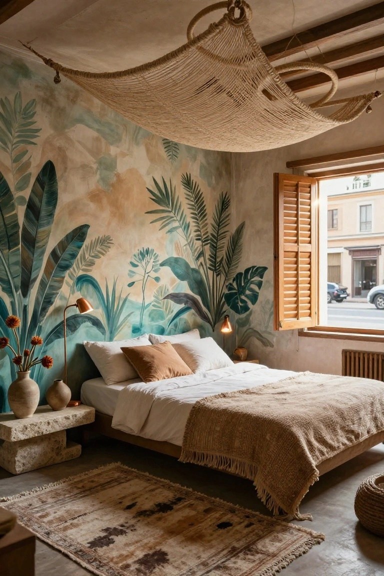 Bedroom with beige woven rope hammock canopy suspended from ceiling above low wooden bed draped in white sheets, rust throw, and fringed blanket; tropical leaf mural on walls, wooden shutters on window, stone nightstand with copper lamps, pottery vases, and dried flowers; woven rug on floor.