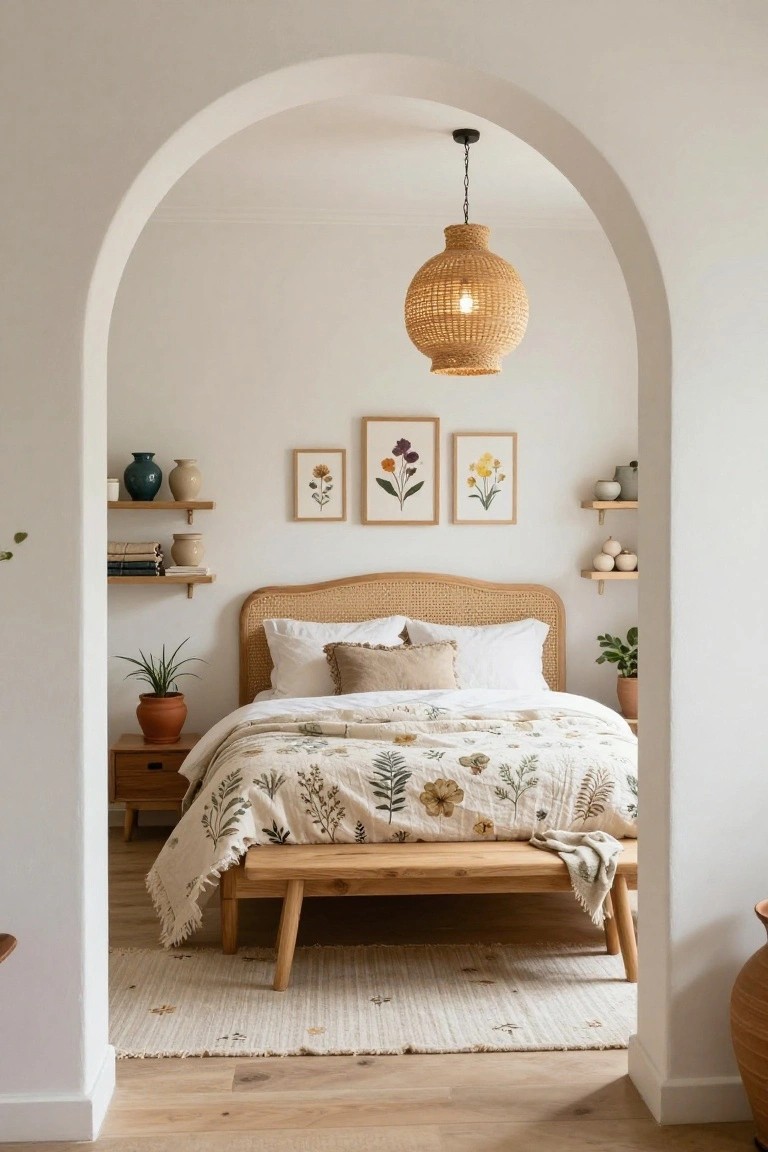 Bedroom viewed through a white archway with rattan headboard bed, wicker pendant light, three botanical prints in wood frames, floating shelves holding pottery vases books and plants, wooden side table nightstand and bench, neutral floral quilt, potted plants, seagrass rug on light wood floors