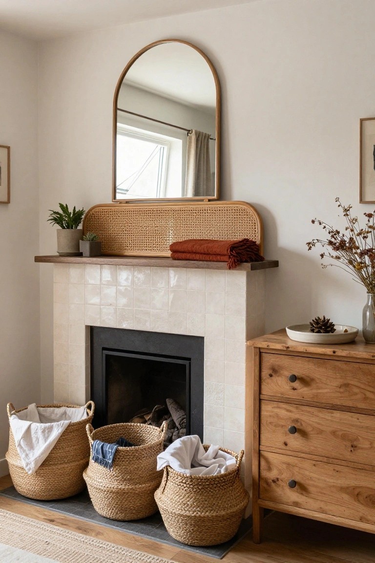 White tiled fireplace with black insert flanked by three large beige seagrass baskets on the floor holding firewood logs and white linens, wooden low dresser to the right, rattan shelf with plants and rust throw on mantel, and tall arched wood mirror above.