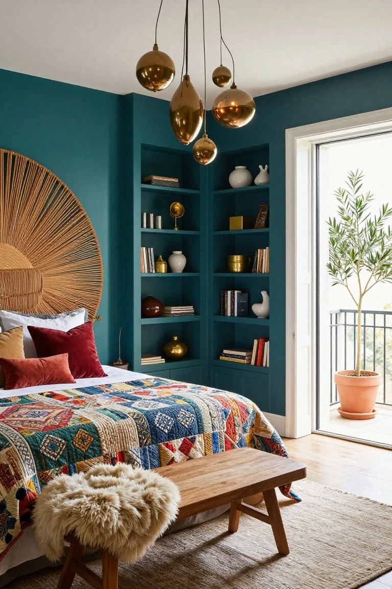 Bedroom with teal walls and built-in open shelving flanking a large round rattan headboard, colorful patchwork quilt on the bed, wooden bench with sheepskin ottoman, brass pendant lights overhead, and glass doors open to a balcony with potted olive tree.