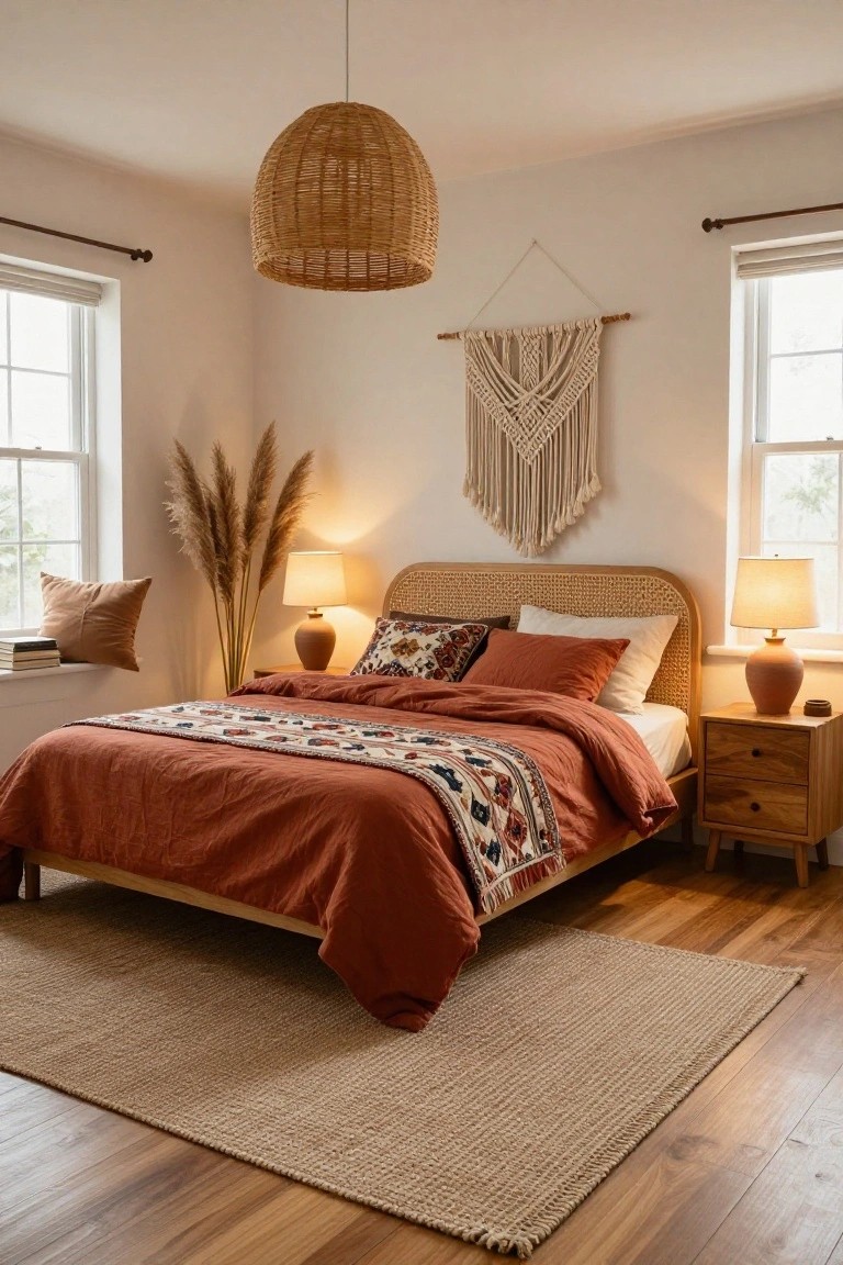 Bedroom interior with rattan bed frame, terracotta duvet and pillows, patterned bed runner, wood nightstands with ceramic lamps, pampas grass, macrame wall hanging, and beige rug on wood floor.