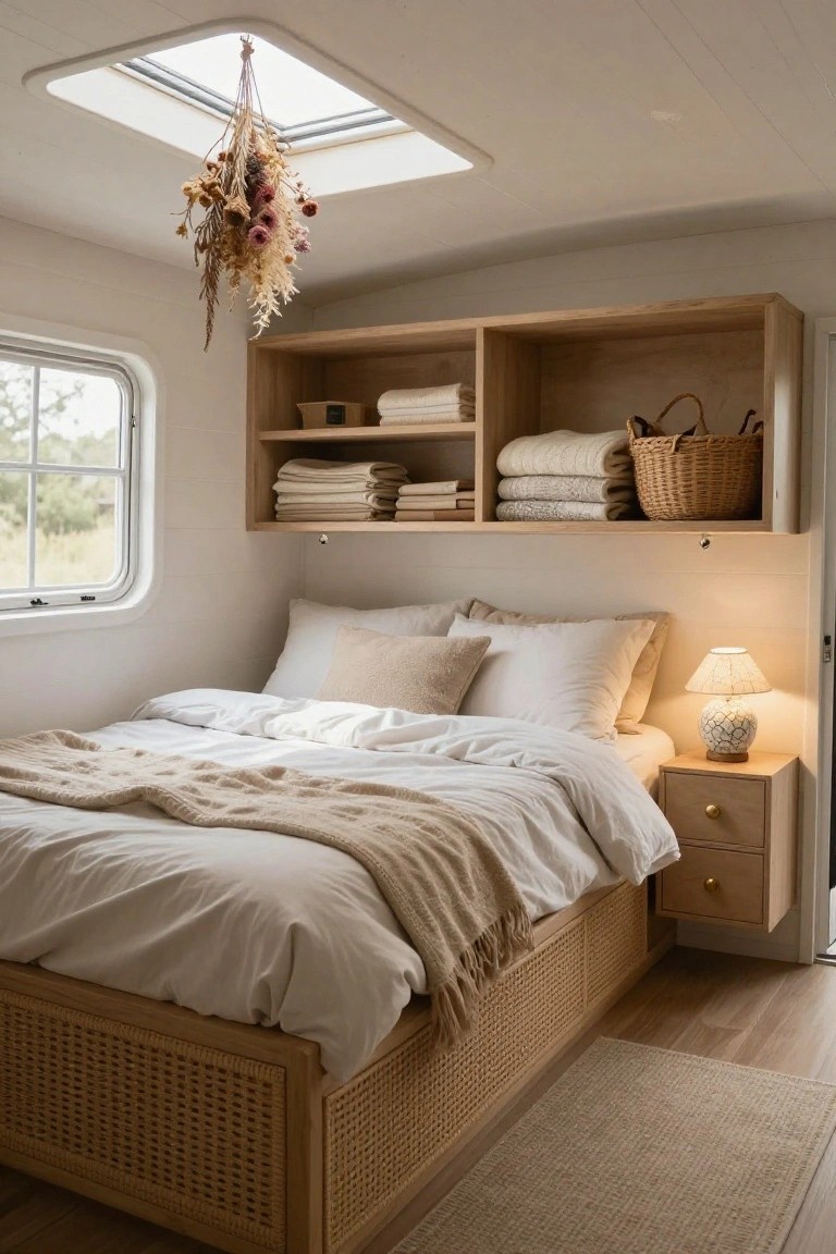 Cozy bedroom interior with low rattan-edged platform bed draped in white linens and beige throw, open oak shelving above holding stacked white linens and wicker baskets, bedside table with lamp, skylight overhead with hanging dried flowers, and round window showing greenery outside.