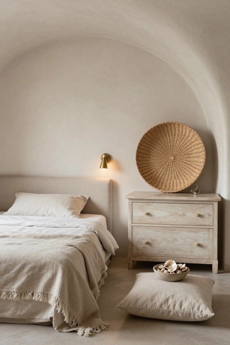 Cozy bedroom with curved beige plaster walls, a bed draped in white linens and a beige fringed throw, whitewashed wooden nightstand with a bowl of shells, large woven basket hanging beside a lit brass wall sconce, and a beige floor cushion.
