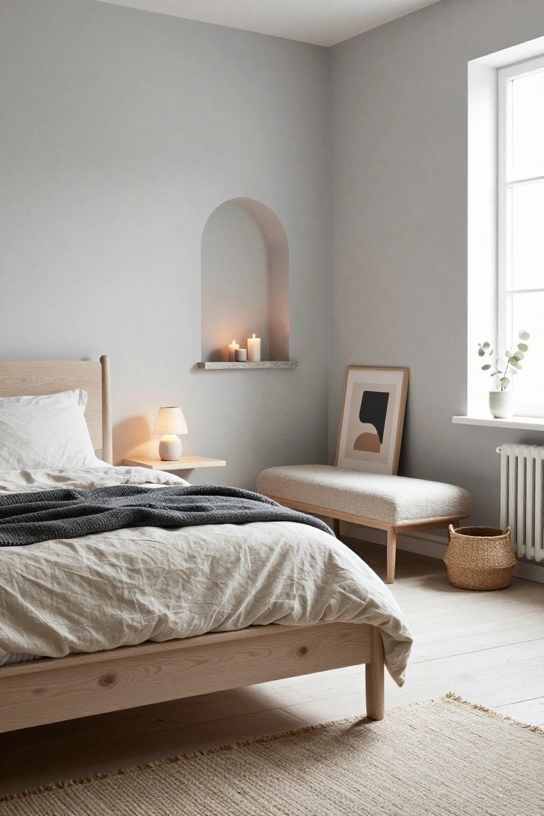 Light wood bed with white linens and gray knit throw in a gray-walled bedroom corner featuring an arched niche shelf with candles, a beige bench, abstract tan and black framed art, eucalyptus plant by window, seagrass basket, and light wood floors with jute rug.