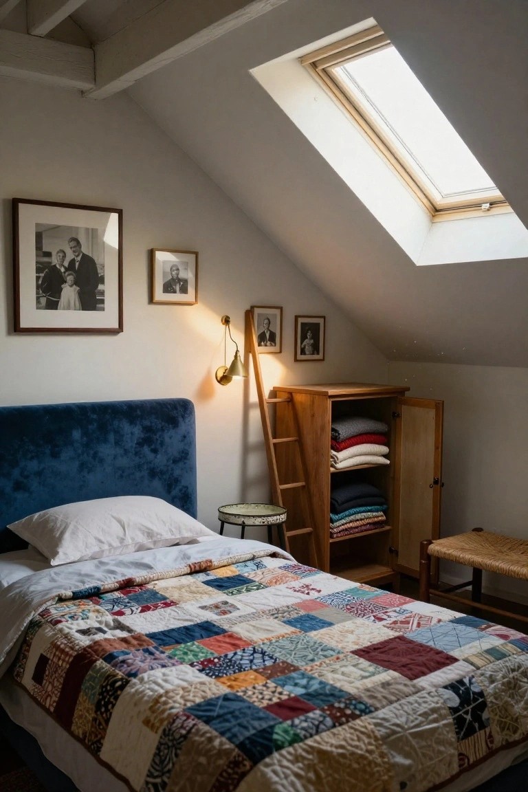 Cozy bedroom with a quilted bedspread, wooden furniture, and framed black-and-white photos.