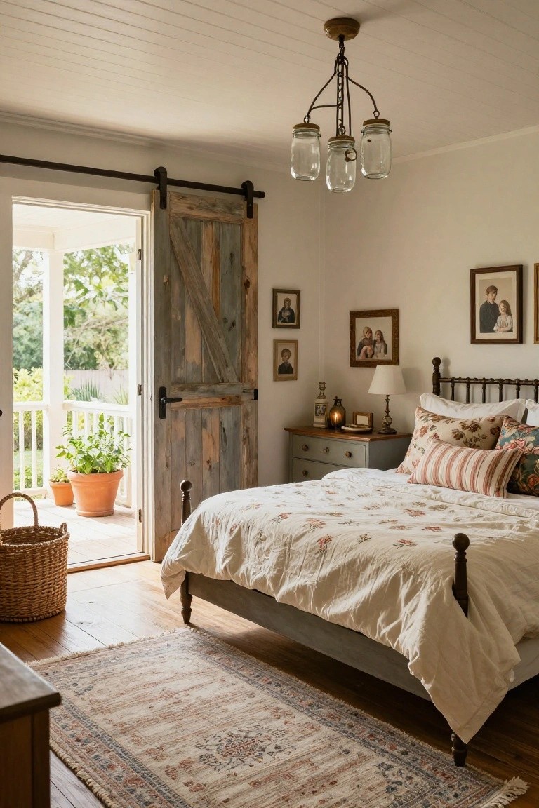 Cozy bedroom with open sliding barn door to porch showing potted plants, iron bed frame with white floral quilt and pillows, nightstand with lamp, vintage family photos in frames on white walls, mason jar chandelier overhead, Persian rug on wood floor.