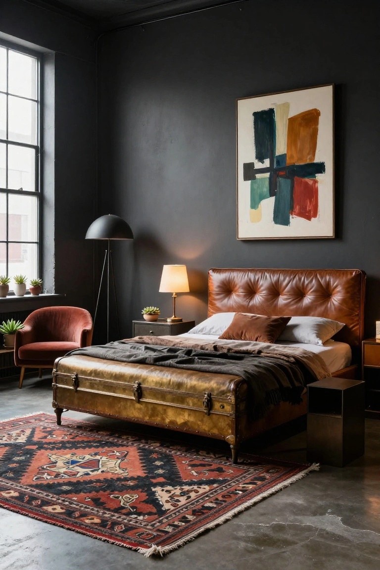 Bedroom interior with a bed frame resembling a vintage trunk with brass fittings, brown tufted leather headboard, white bedding, rust-colored velvet armchair, potted plants, two table lamps, abstract wall art, and patterned rug on concrete floor.