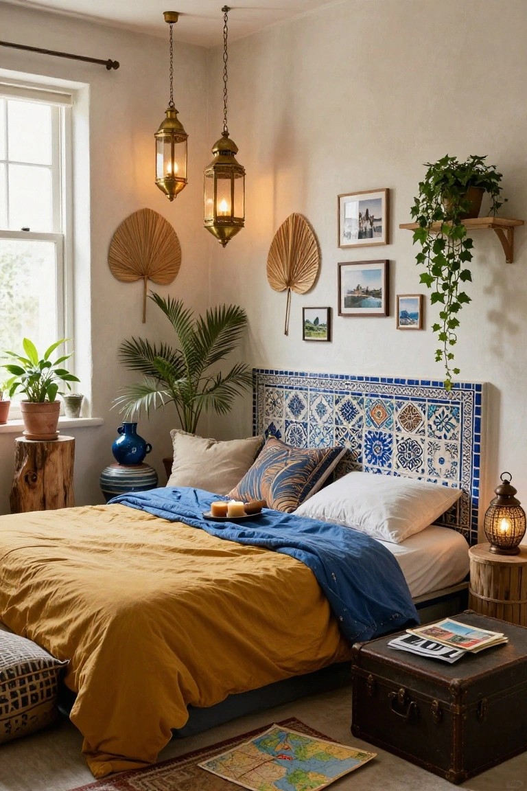 Bedroom with blue and white geometric tile headboard behind a bed draped in mustard yellow and blue linens, flanked by potted plants, lanterns, and wall fans.