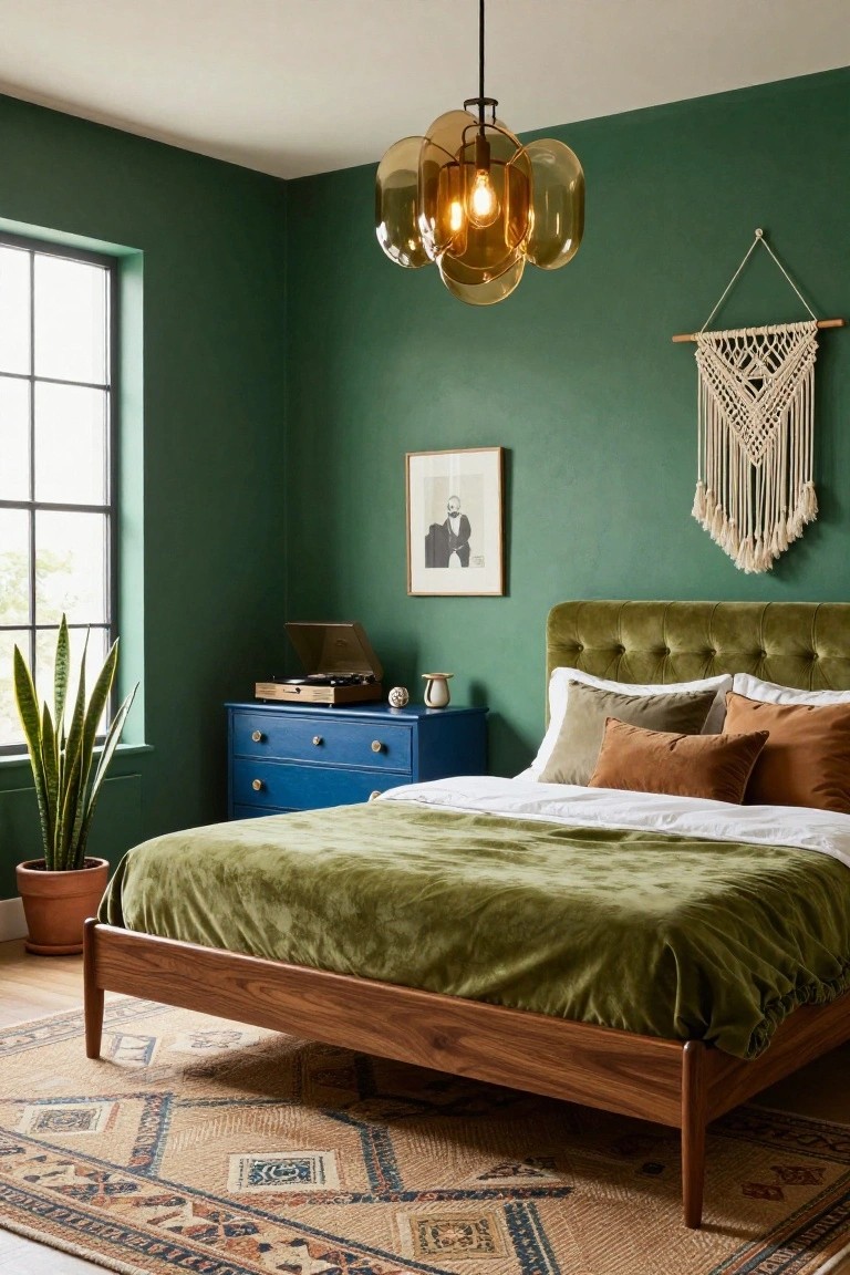 A bedroom with emerald green walls, green velvet tufted headboard and bedspread on a wooden frame bed, blue dresser holding a record player, snake plant in terracotta pot, macrame wall hanging, framed black-and-white portrait, amber blown-glass pendant light, and patterned rug on hardwood floor.