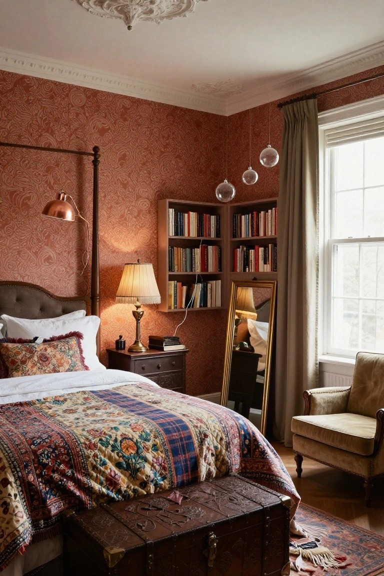 Bedroom with terracotta patterned wallpaper on all walls, wooden four-poster bed draped in multicolored quilt, built-in bookshelves, copper pendant light, antique trunk at bed foot, full-length mirror, armchair, and window with curtains.
