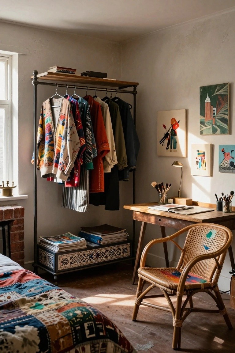 Eclectic bedroom with black metal clothing rack holding colorful patterned garments and jackets, wooden desk with brushes and papers, rattan chair, art on walls, and patchwork quilt bed in foreground.