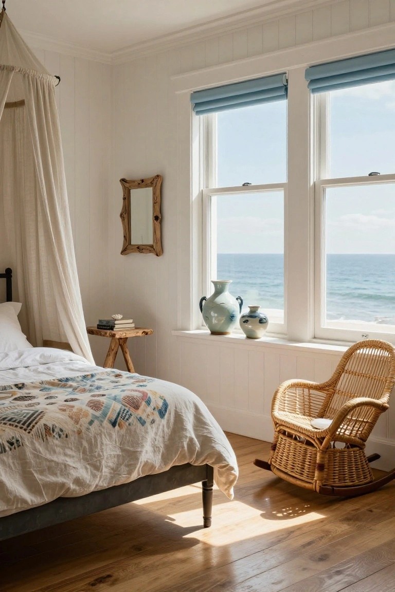 White shiplap bedroom with iron canopy bed draped in sheer fabric, patterned quilt, small wood stool with books, blue ceramic vases on windowsill overlooking ocean, and rattan rocking chair.