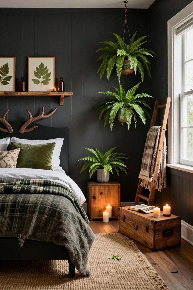 A bedroom interior with dark shiplap paneled walls, multiple hanging and potted ferns, wooden bed frame with plaid and green bedding, wooden nightstand and trunk, ladder draped with a blanket, and candles on surfaces.