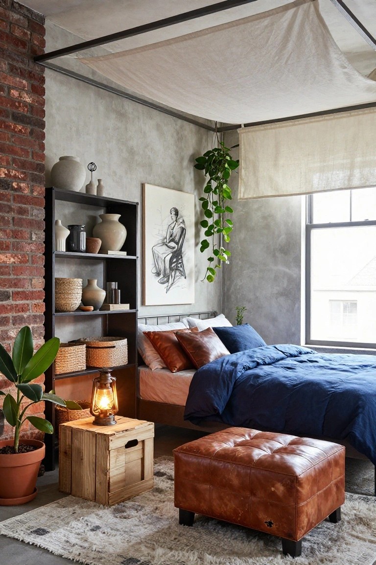 Bedroom with exposed brick and concrete walls, metal bed frame draped with white fabric canopy, blue bedding, black shelves holding pottery and baskets, hanging and potted plants, wooden crate side table with lantern, leather ottoman, and neutral rug.
