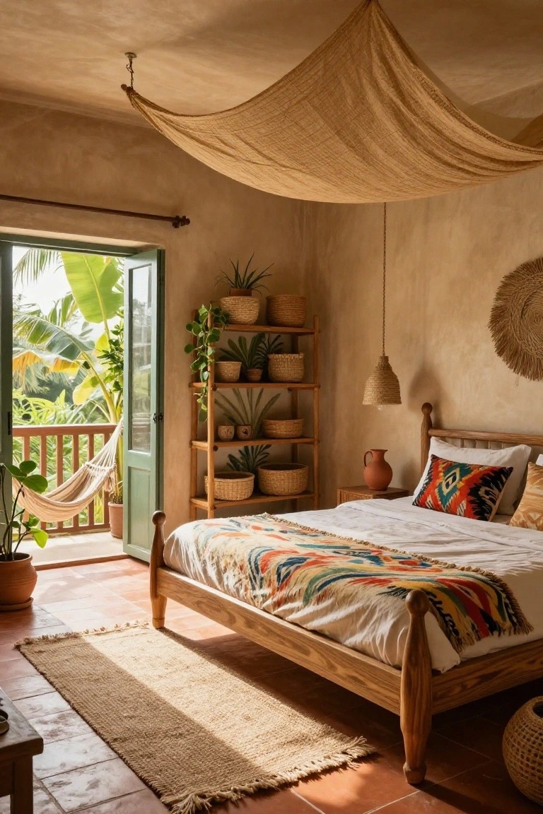 A bedroom with beige fabric draped as a canopy over a wooden four-poster bed, surrounded by plants in woven baskets on shelves, open green doors to a balcony with hammock and tropical greenery, terracotta tile floor and seagrass rug.