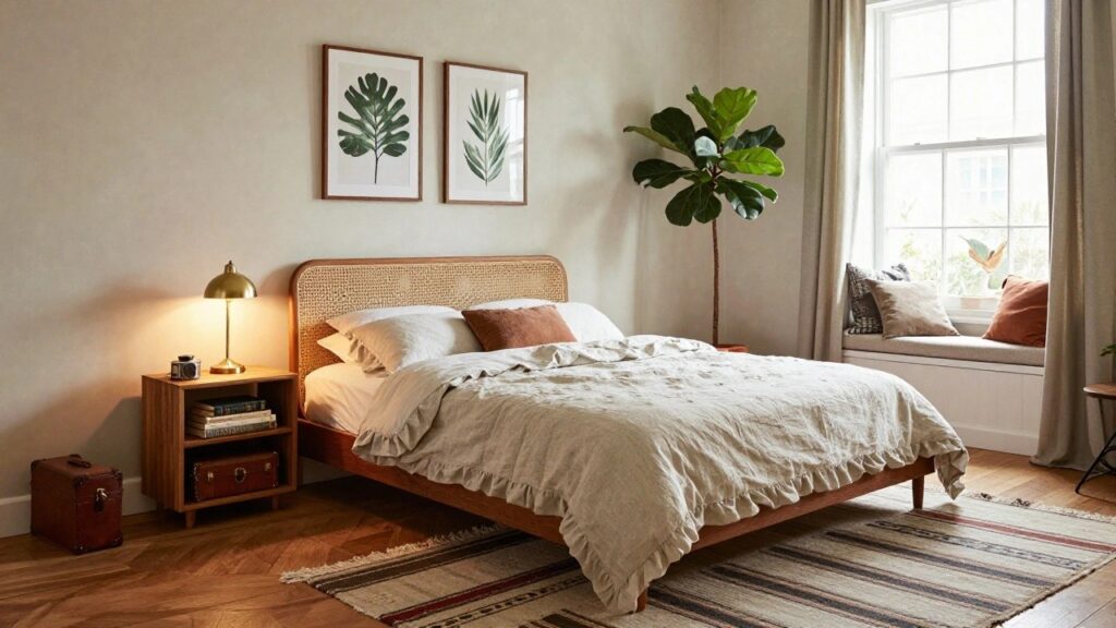 21 Cozy Eclectic Bedroom Designs With Personal Flair Bedroom with rattan headboard, white linen bedding, wooden nightstand holding brass lamp and books, large potted fiddle leaf fig, botanical prints on wall, striped rug on wood floor.