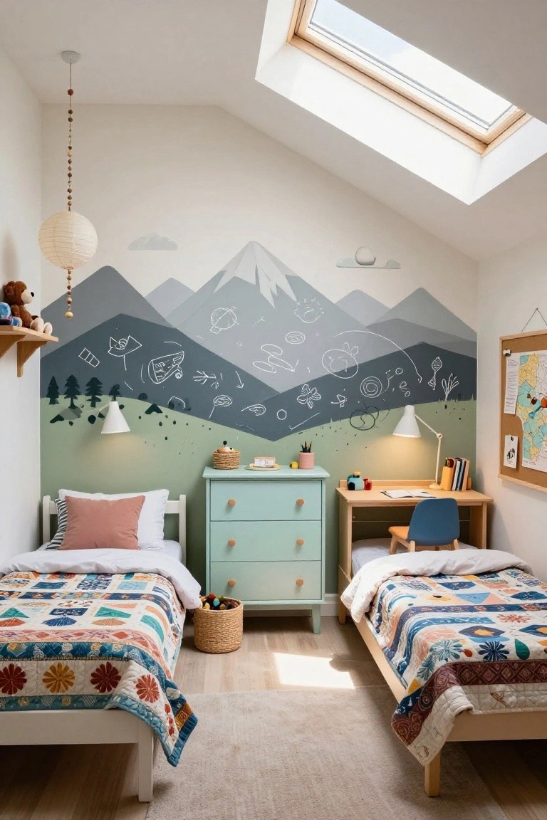 Children's bedroom with two single beds covered in patchwork quilts, mint green dresser, wooden desk and chair, toys on shelves, paper lantern light, and large hand-drawn grayscale mountain landscape mural on one wall under a skylight.
