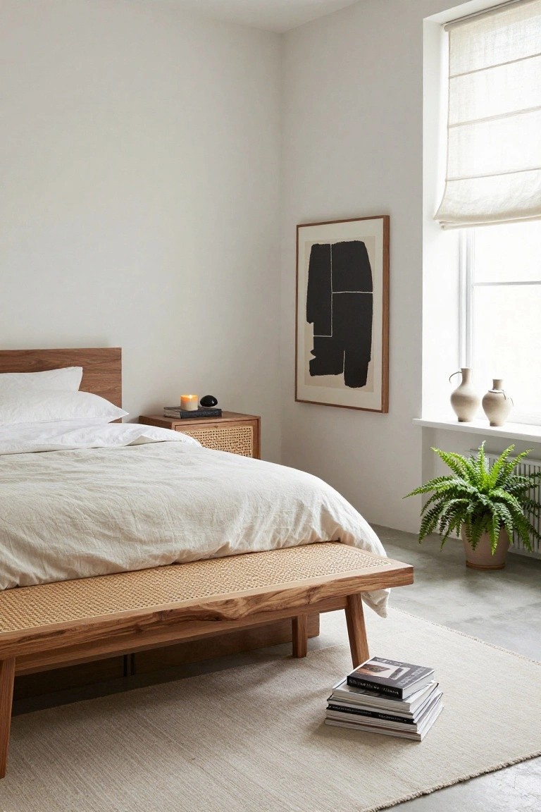 A bedroom with a wooden headboard bed covered in white linens, rattan bench at the foot, matching rattan nightstand holding a candle and books, abstract black and white wall art, potted plants by a window with blinds, and a stack of books on a light rug.