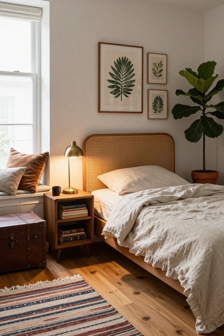 Bedroom with rattan headboard, white linen bedding, wooden nightstand holding brass lamp and books, large potted fiddle leaf fig, botanical prints on wall, striped rug on wood floor.