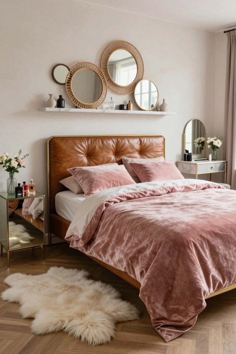 Bedroom with tufted cognac leather headboard, blush pink velvet bedding and pillows, white sheepskin rug on wood floor, glass nightstand, marble vanity table, and white floating shelf displaying assorted round rattan-framed mirrors, vases, and bottles on a white wall.