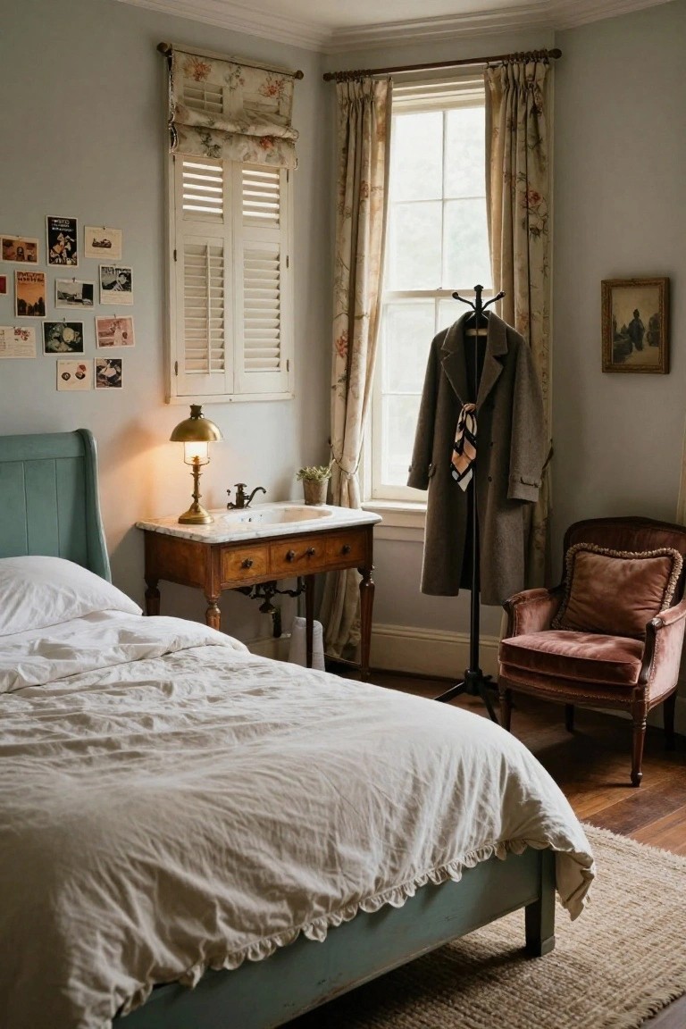 Bedroom interior with teal bedframe and white ruffled bedding, wooden washstand with marble sink basin and brass lamp beside it, gray coat and tie on a metal rack, floral curtains on shuttered windows, and assorted pinned photos on the wall.