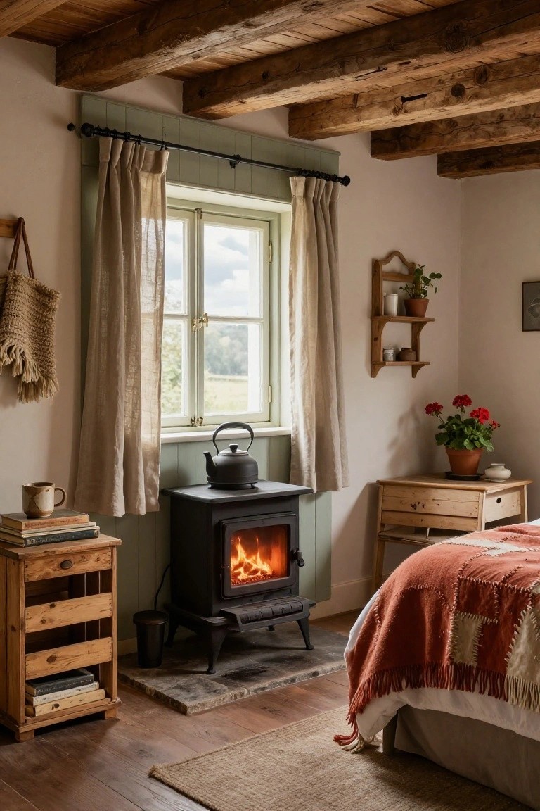 Cozy bedroom interior with exposed wooden beam ceiling, lit wood-burning stove topped with a kettle, bed covered in patchwork quilt, wooden nightstands with books, sheer curtains on window, potted plants on shelves, and hardwood floor.