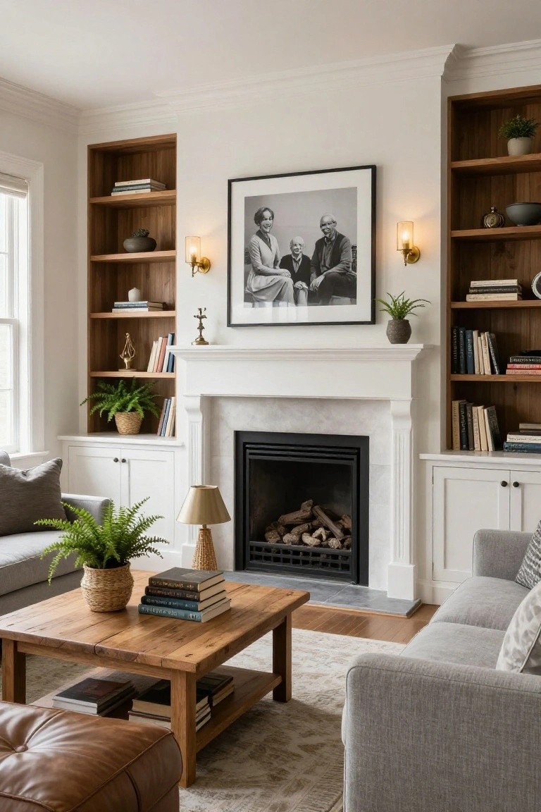A cozy living room with symmetrical dark wood built-in bookshelves flanking a white fireplace mantel, gray sofa, wooden coffee table stacked with books, potted plants, and a lit fire.