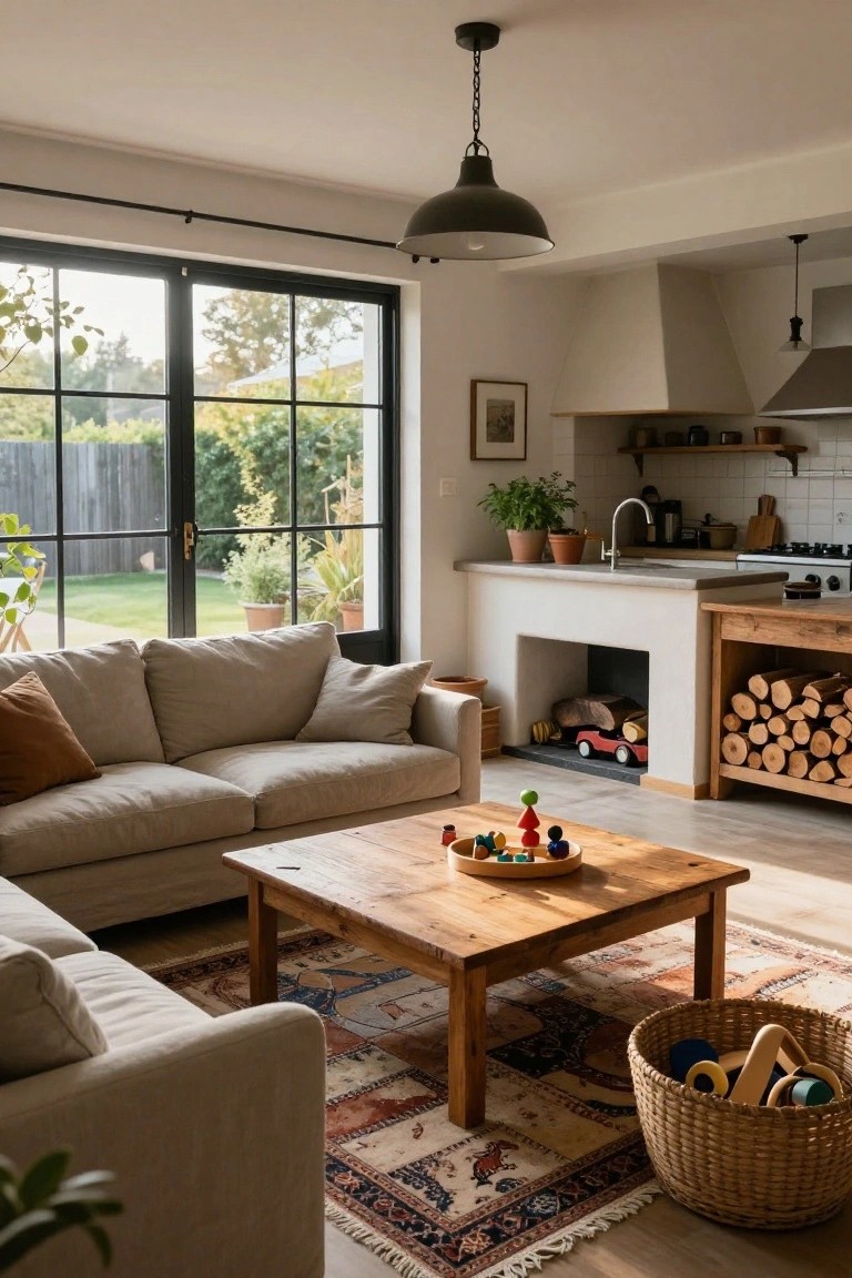 Sunlit open-plan living room and kitchen with cream-colored sofa facing a low wooden coffee table holding wooden toys, a wicker basket of toys nearby, white counters on wooden base with stacked firewood beside a recessed fireplace, plants, and large black-framed windows to a backyard garden.
