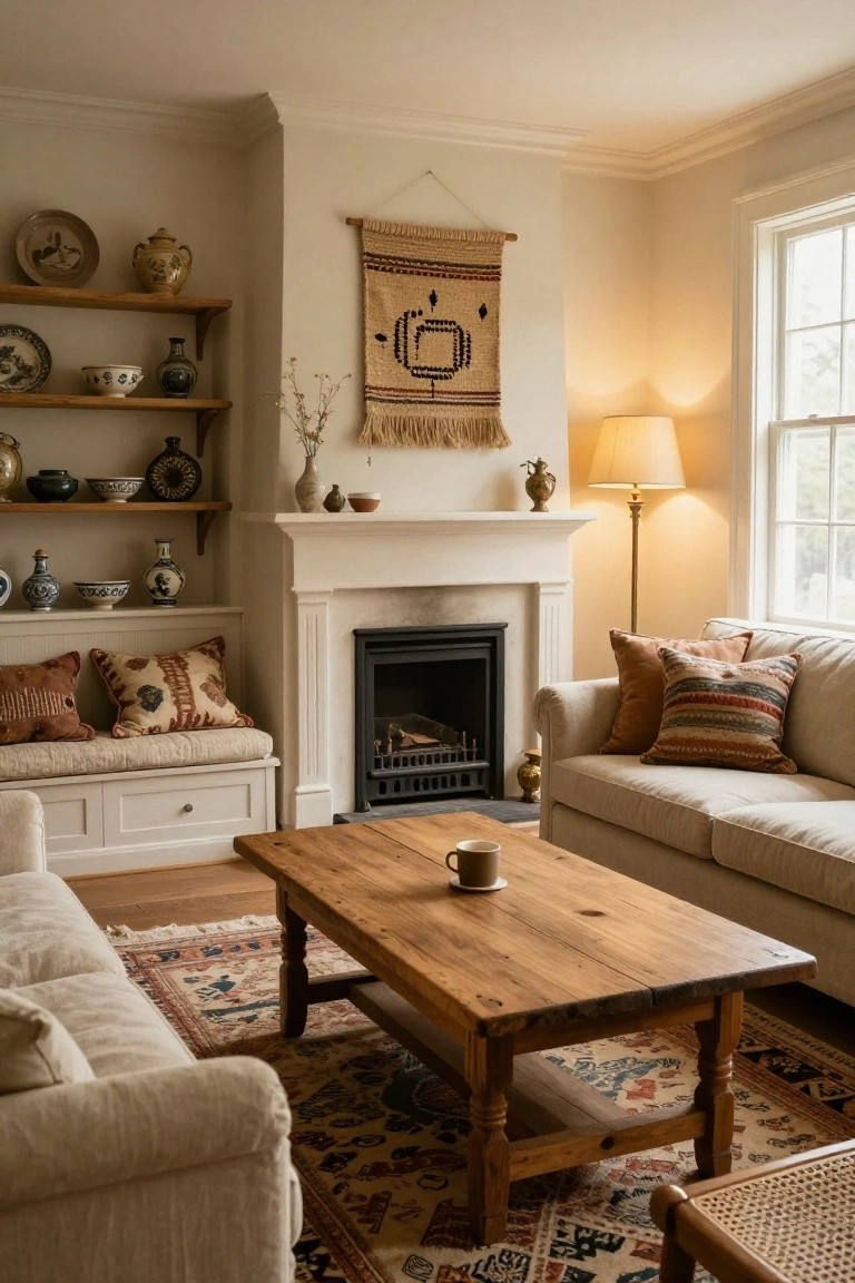 A cozy living room with a white fireplace flanked by wooden open shelves displaying various ceramics like vases and bowls, neutral linen sofas with patterned pillows, a rustic wooden coffee table, and a patterned rug.