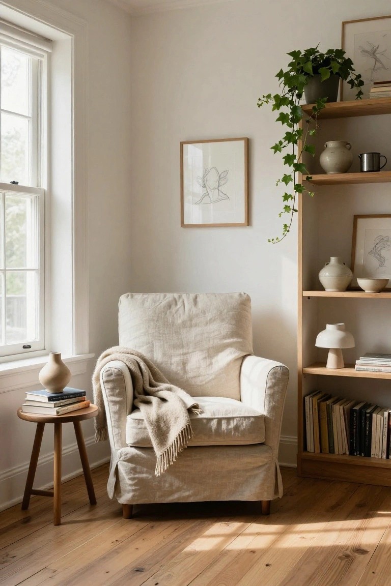 Corner of a light-filled living room with a cream linen slipcovered armchair draped with a beige throw blanket, a small wooden tripod side table holding stacked books and a vase, and a tall oak bookshelf stocked with white ceramics, plants, books, and frames against white walls and hardwood floors.