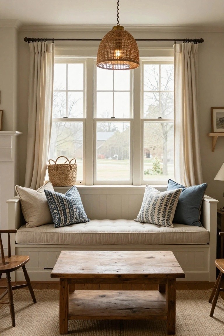 Light living room with white built-in window seat holding blue and white cushions under large triple-pane windows, rattan pendant light overhead, wooden coffee table, wooden chairs, and seagrass rug.