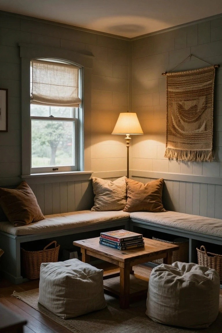 Corner of a living room with light gray shiplap walls, built-in benches with beige cushions and pillows, low wooden coffee table with stacked books, two large linen poufs, wicker baskets in bench cubbies, floor lamp, linen window shade, and woven wall hanging.