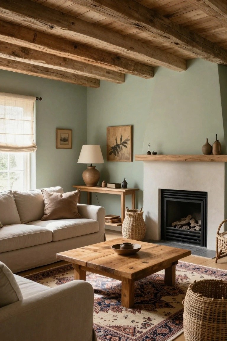 A cozy living room with exposed dark wooden ceiling beams, sage green walls, cream-colored sofa with brown pillows, low wooden coffee table, white stone fireplace with burning logs, wooden side table, and seagrass baskets.