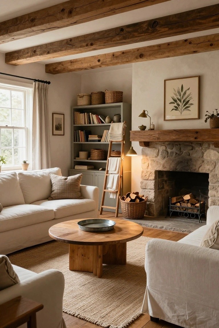 Cozy living room with wooden beams, white sofas, a stone fireplace, and a round table.