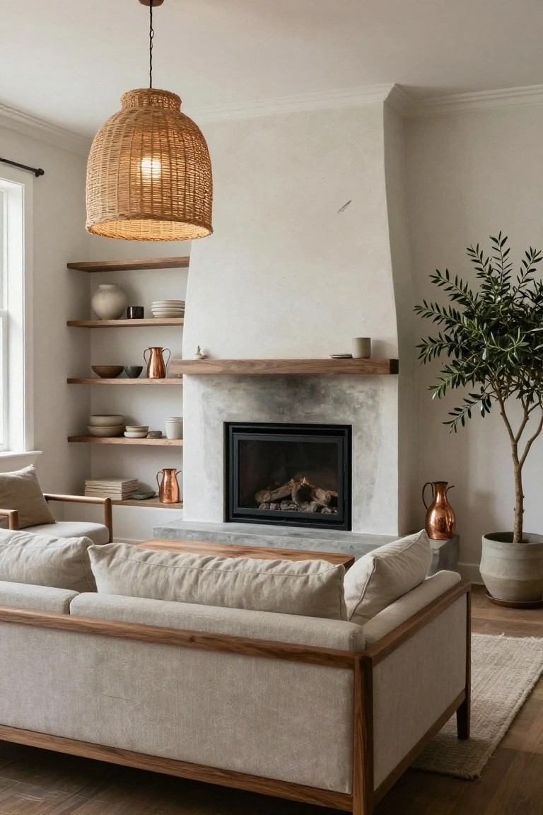 Living room with a light wood-framed beige linen sofa facing a textured plaster and concrete fireplace, flanked by asymmetrical floating wood shelves holding ceramics, copper pitchers, and books, under a rattan pendant light, with an olive tree in a white pot nearby.