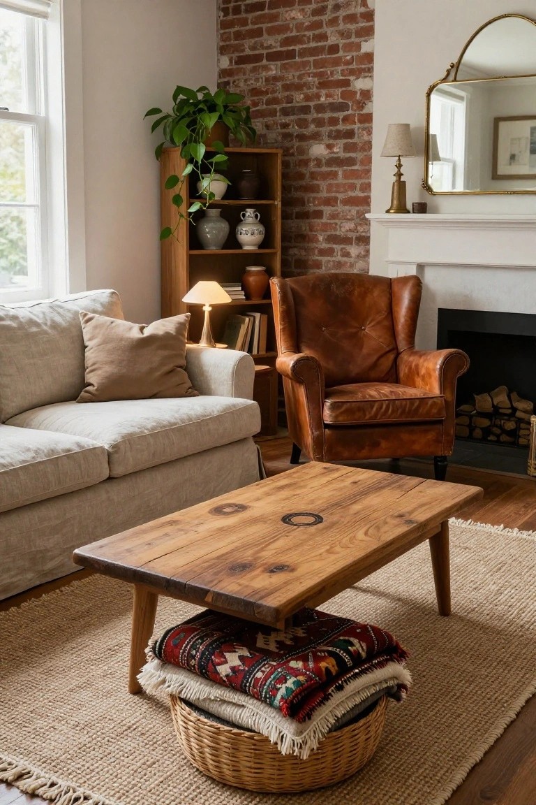 Cozy living room corner with beige linen sofa, tan leather wingback chair by brick fireplace, oak wood coffee table holding stacked colorful patterned blankets and white throws in a wicker basket, on seagrass rug with wood floors.
