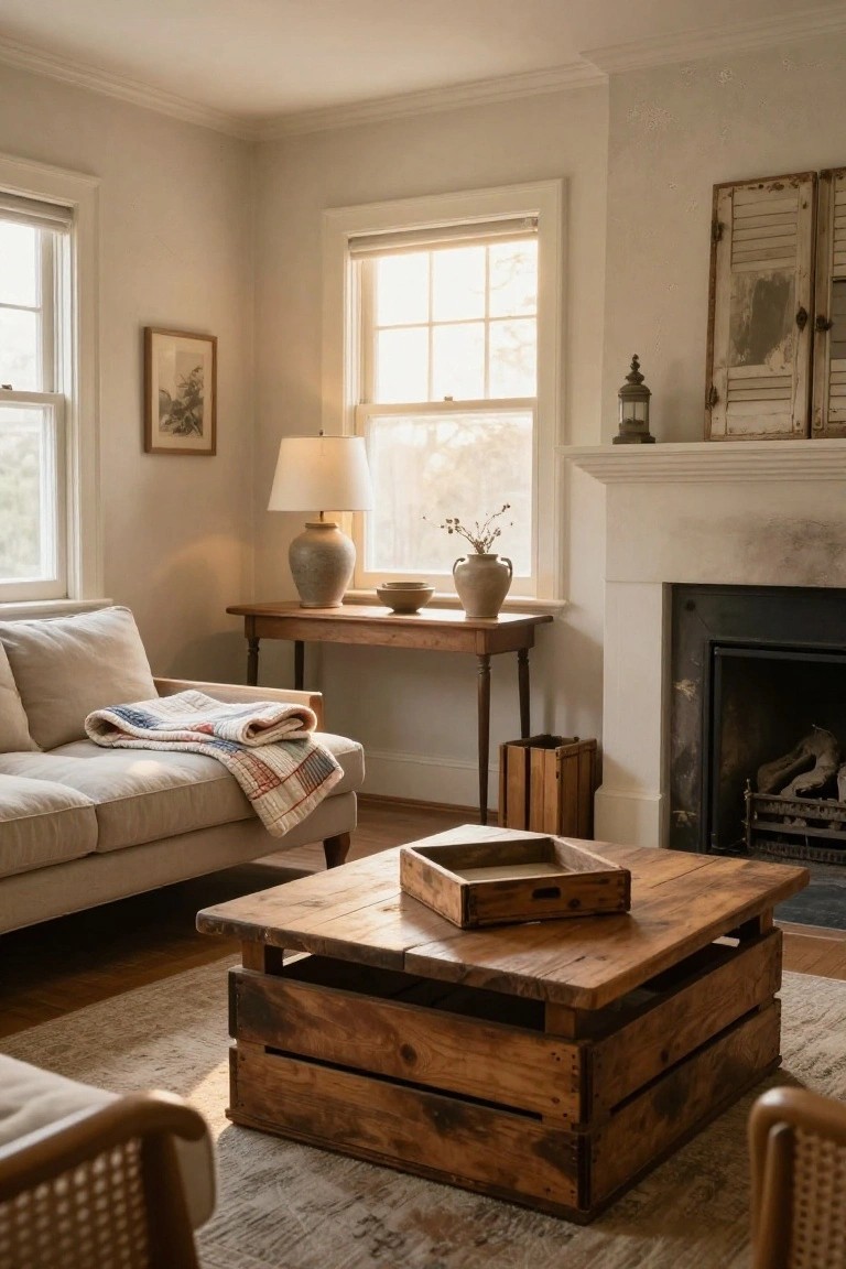 Cozy living room interior with beige sofa draped in a quilt, wooden crate coffee table, wooden console table with lamp and pottery, marble fireplace, and large windows letting in soft light.