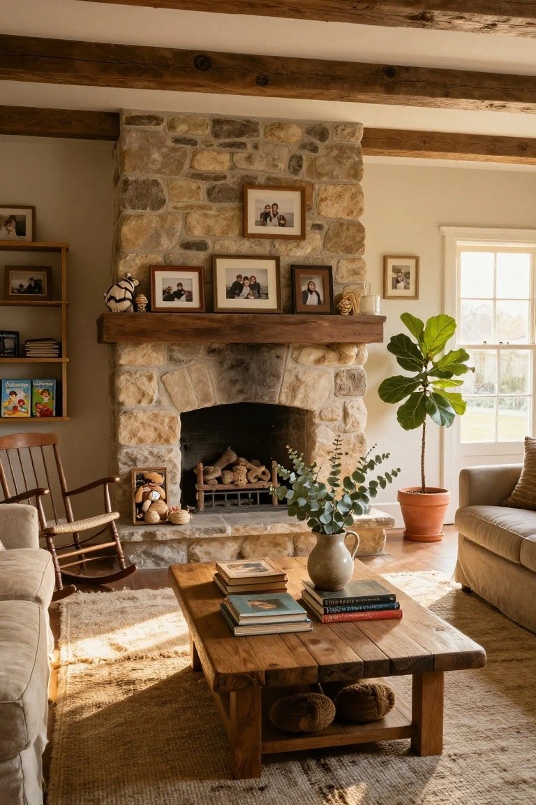 A living room with a large fieldstone fireplace under wooden beam ceiling, wooden mantel with photos and decor, beige sofa, wooden coffee table, rocker chair, potted ficus plant, and eucalyptus vase.