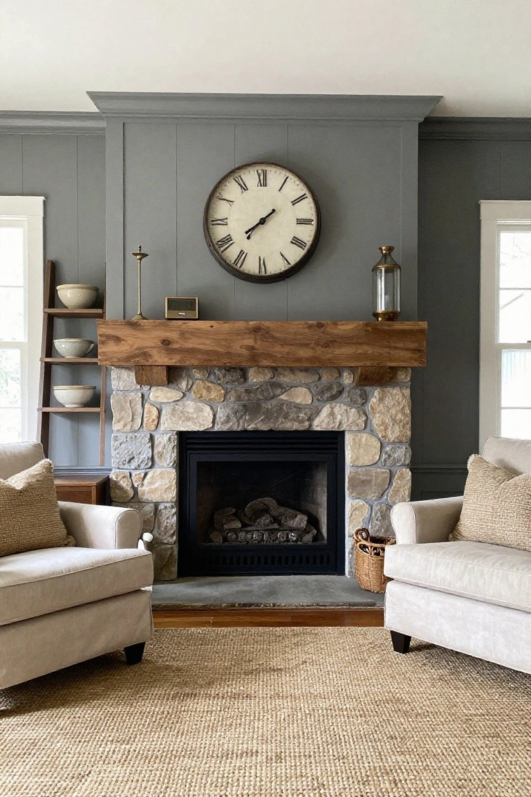 Living room with gray board-and-batten walls, large round clock, stone gas fireplace under thick wood beam mantel, ladder shelf with bowls, two cream armchairs, wood side table, seagrass rug, and wood floors.