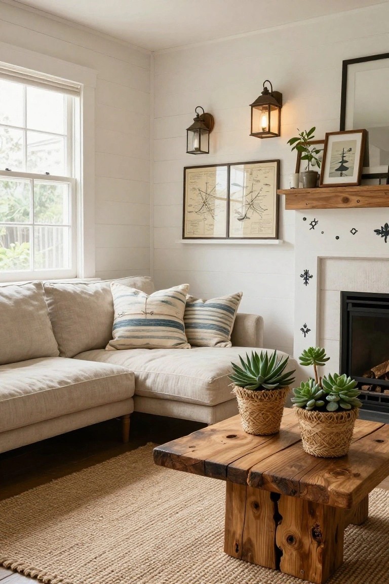 Cozy living room with beige sectional, wooden coffee table, and potted succulents.