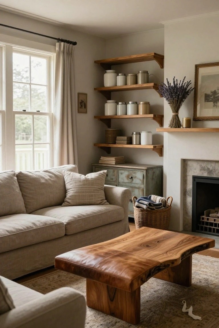 Cozy living room interior with cream walls, beige linen sofa, live-edge wooden coffee table, turquoise cabinet, fireplace flanked by wooden floating shelves stocked with white jars, metal tins, books, and dried lavender, large window with sheer curtains.