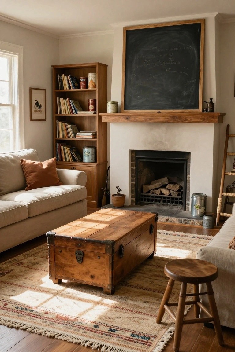 Cozy living room with beige sofa, wooden trunk coffee table, bookshelves, stone fireplace, large chalkboard above mantel, wooden stool, and patterned rug on wood floor.