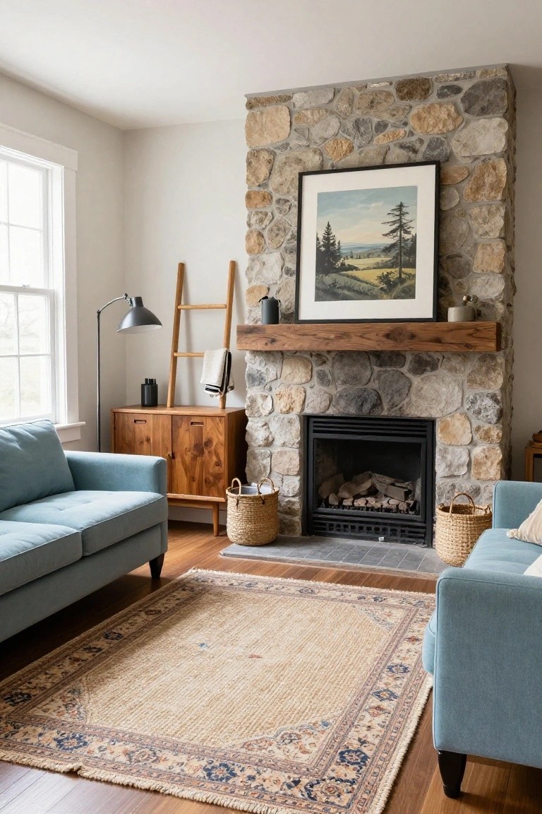 Living room with tall rustic stone fireplace and wood mantel, blue sofas on either side, wooden credenza, ladder shelf, floor lamp, woven baskets, and beige rug on hardwood floors.