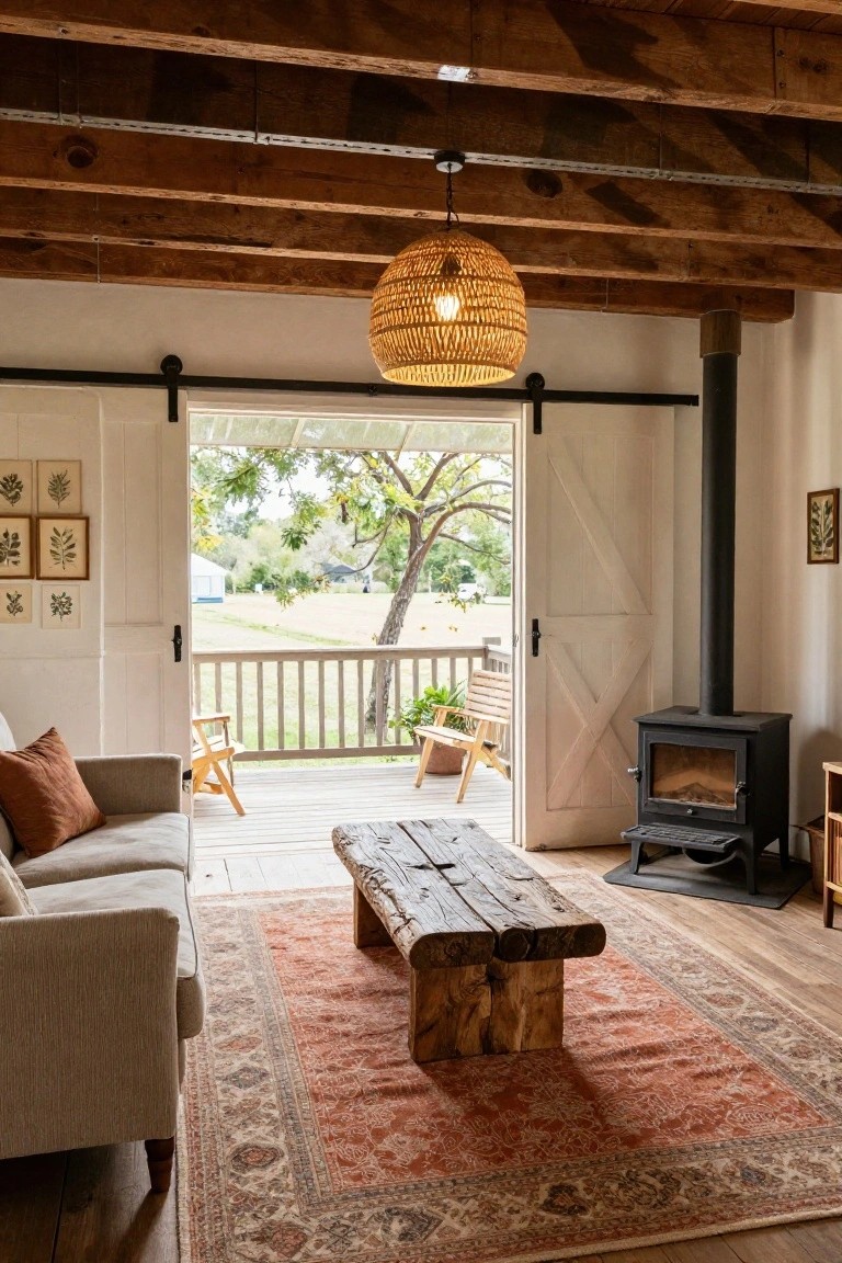 Cozy living room interior featuring exposed wooden ceiling beams, a light gray sofa with rust-colored pillows, a rough-hewn wooden coffee table on an orange patterned rug, a black cast iron wood stove, and large open white barn doors leading to a deck with chairs and a view of trees and fields.