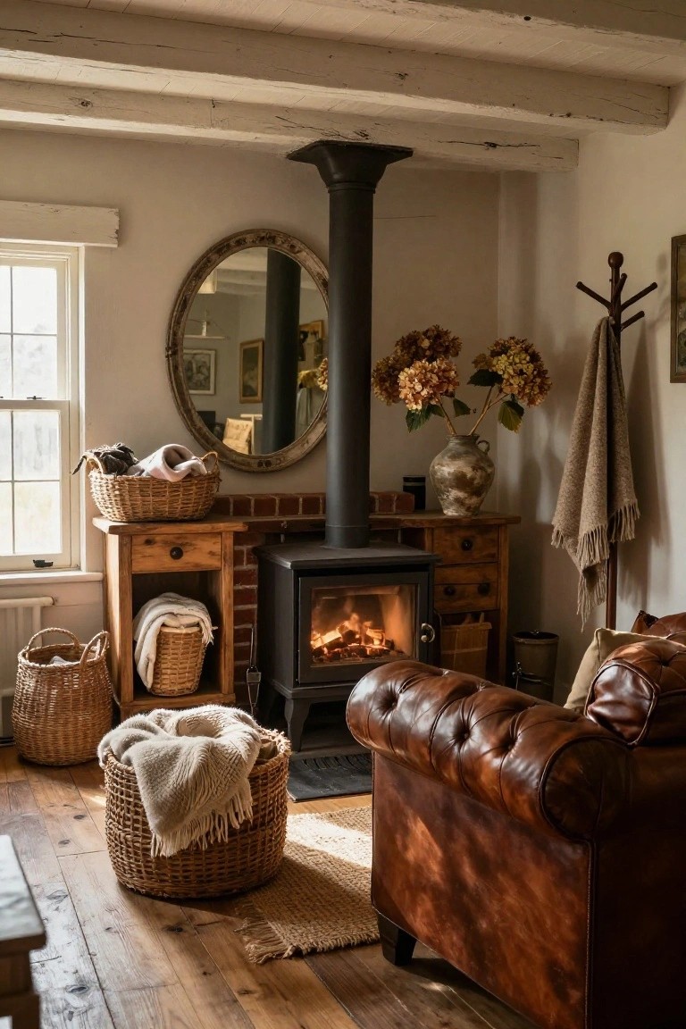Rustic living room corner with black cylindrical wood-burning stove lit with fire on brick hearth and wooden base cabinets, wicker baskets holding blankets and linens, tufted brown leather armchair on jute rug, large round mirror reflecting room, dried hydrangea bouquet in terracotta vase, coat rack with scarf and throw, window with white frame, wooden floors and beamed ceiling.