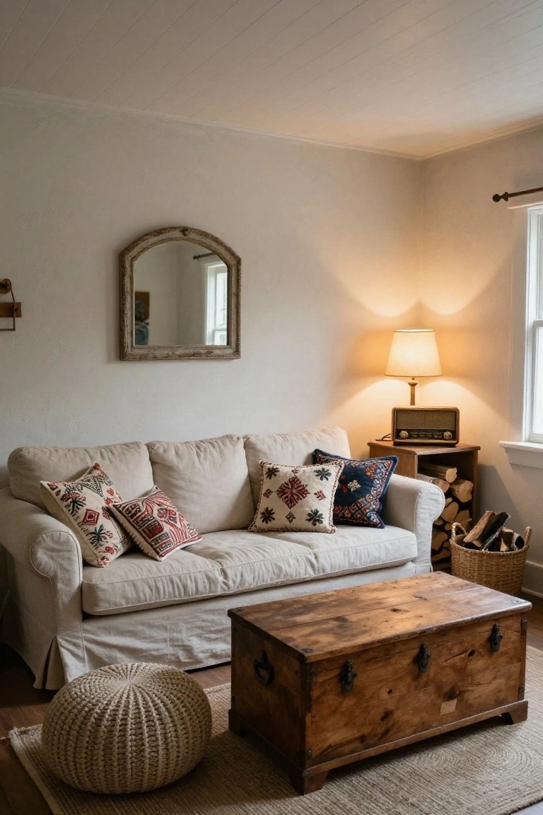 Cozy living room with a beige couch, decorative pillows, wooden coffee table, and lamp.