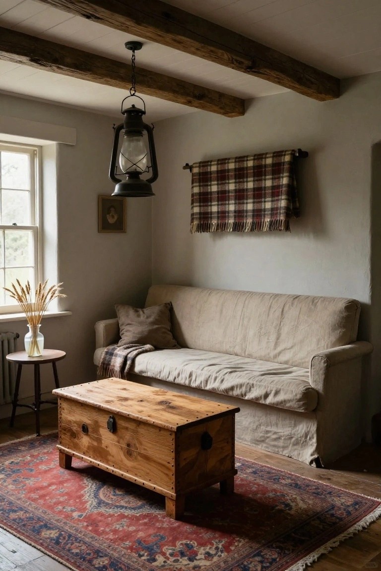 Cozy living room interior with exposed wooden ceiling beams, hanging black metal lantern light, beige linen sofa with plaid throw, wooden trunk coffee table with lid and hasp, red and blue Persian rug, wheat stalks in glass vase on side table, and plaid blanket hung on wall.
