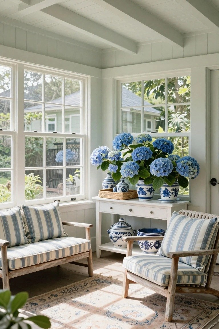 Sunroom with pale green walls, white wood trim, large windows showing garden outside, blue hydrangeas in blue-and-white pots on white console table between two blue-striped wood chairs on wood floor with beige rug.